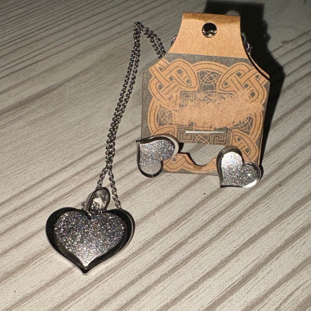 Silver Heart Necklace and Earring Set